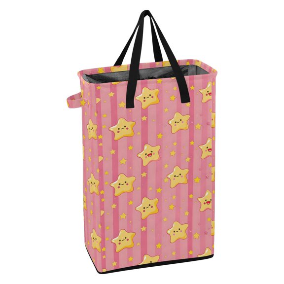 WEIYEKO Collapsible Laundry Basket 48L Waterproof Clothes Hamper Reinforced Handles Drawstring Mesh Cover, Cute Happy Stars