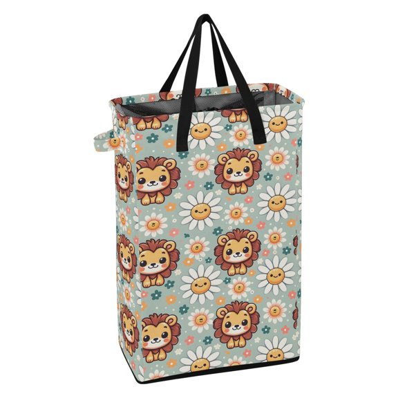 WEIYEKO Collapsible Laundry Basket 48L Waterproof Clothes Hamper Reinforced Handles Drawstring Mesh Cover, Cute Lion Face and Daisy