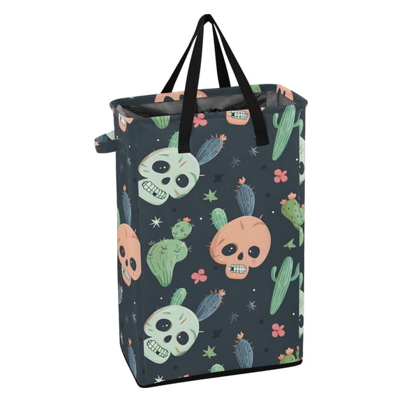 WEIYEKO Collapsible Laundry Basket 48L Waterproof Clothes Hamper Reinforced Handles Drawstring Mesh Cover, Cute Skull and Cactus