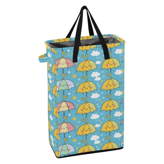 WEIYEKO Collapsible Laundry Basket 48L Waterproof Clothes Hamper Reinforced Handles Drawstring Mesh Cover, Cute Umbrella with Cloud