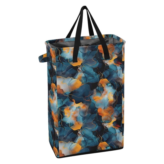 WEIYEKO Collapsible Laundry Basket 48L Waterproof Clothes Hamper Reinforced Handles Drawstring Mesh Cover, Dark Blue and Orange Marble
