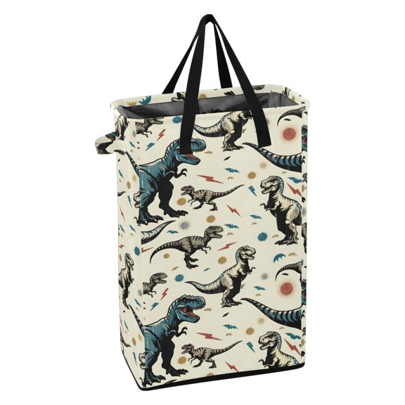 WEIYEKO Collapsible Laundry Basket 48L Waterproof Clothes Hamper Reinforced Handles Drawstring Mesh Cover, Dinosaur and Lightning