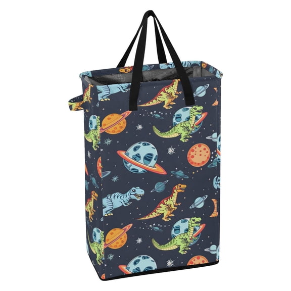 WEIYEKO Collapsible Laundry Basket 48L Waterproof Clothes Hamper Reinforced Handles Drawstring Mesh Cover, Dinosaurs Planets Star