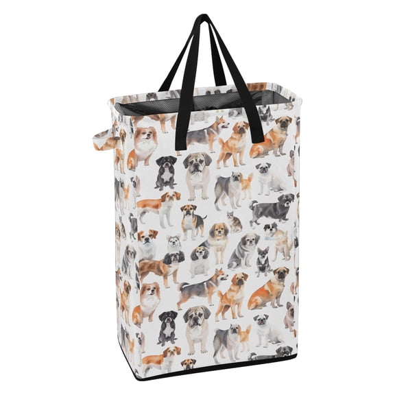 WEIYEKO Collapsible Laundry Basket 48L Waterproof Clothes Hamper Reinforced Handles Drawstring Mesh Cover, Dog Breeds