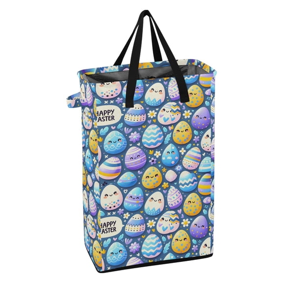 WEIYEKO Collapsible Laundry Basket 48L Waterproof Clothes Hamper Reinforced Handles Drawstring Mesh Cover, Easter Cute Egg