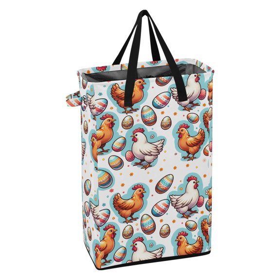 WEIYEKO Collapsible Laundry Basket 48L Waterproof Clothes Hamper Reinforced Handles Drawstring Mesh Cover, Easter Egg and Chicken