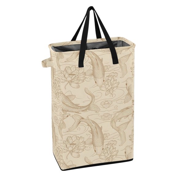 WEIYEKO Collapsible Laundry Basket 48L Waterproof Clothes Hamper Reinforced Handles Drawstring Mesh Cover, Fish and Lotus Flower