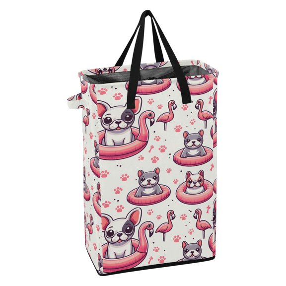 WEIYEKO Collapsible Laundry Basket 48L Waterproof Clothes Hamper Reinforced Handles Drawstring Mesh Cover, French Bulldog Flamingo Paw