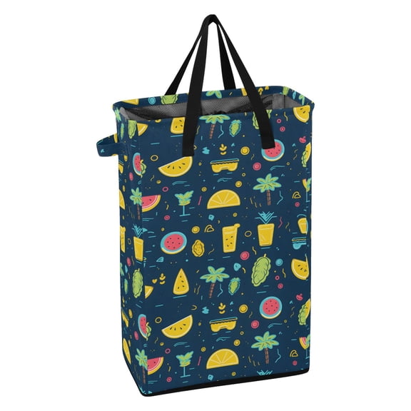 WEIYEKO Collapsible Laundry Basket 48L Waterproof Clothes Hamper Reinforced Handles Drawstring Mesh Cover, Fruit Drink Tree
