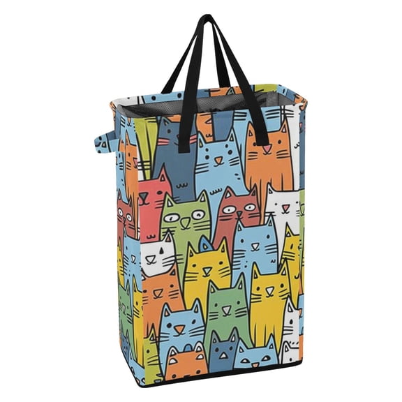 WEIYEKO Collapsible Laundry Basket 48L Waterproof Clothes Hamper Reinforced Handles Drawstring Mesh Cover, Funny Cats Head