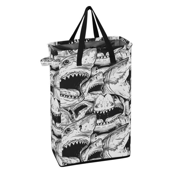 WEIYEKO Collapsible Laundry Basket 48L Waterproof Clothes Hamper Reinforced Handles Drawstring Mesh Cover, Hand Drawn Shark