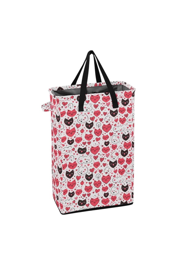 Collapsible Laundry Basket 48L Waterproof Clothes Hamper Reinforced Handles Drawstring Mesh Cover, Heart Shape Cats