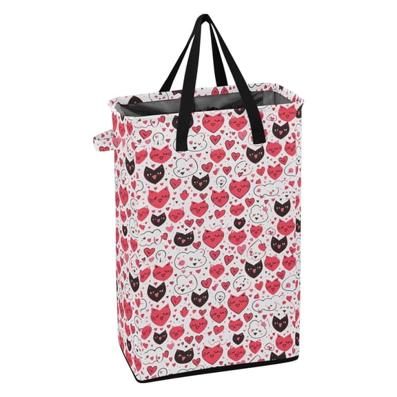 WEIYEKO Collapsible Laundry Basket 48L Waterproof Clothes Hamper Reinforced Handles Drawstring Mesh Cover, Heart Shape Cats