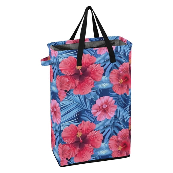 WEIYEKO Collapsible Laundry Basket 48L Waterproof Clothes Hamper Reinforced Handles Drawstring Mesh Cover, Hibiscus Flowers and Palm Leaves