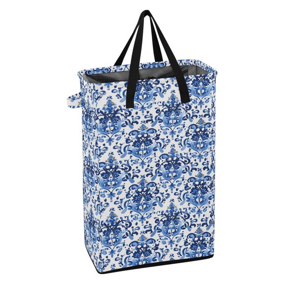 WEIYEKO Collapsible Laundry Basket 48L Waterproof Clothes Hamper Reinforced Handles Drawstring Mesh Cover, Indigo Ornate Floral