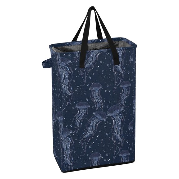 WEIYEKO Collapsible Laundry Basket 48L Waterproof Clothes Hamper Reinforced Handles Drawstring Mesh Cover, Jellyfish in Sea