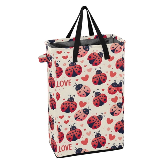 WEIYEKO Collapsible Laundry Basket 48L Waterproof Clothes Hamper Reinforced Handles Drawstring Mesh Cover, Ladybugs Heart Love