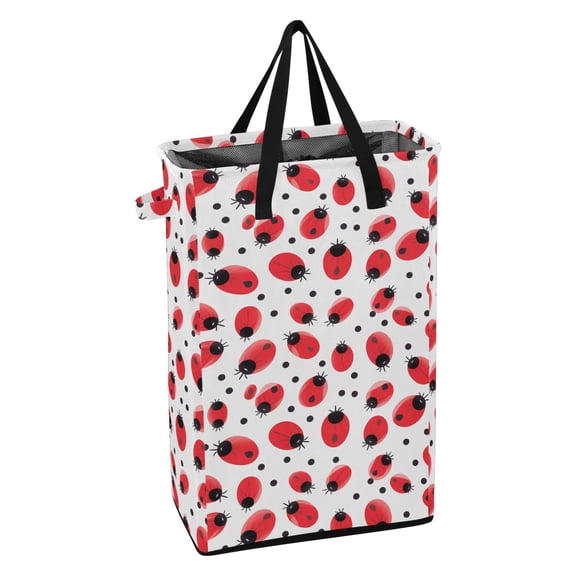 WEIYEKO Collapsible Laundry Basket 48L Waterproof Clothes Hamper Reinforced Handles Drawstring Mesh Cover, Ladybugs