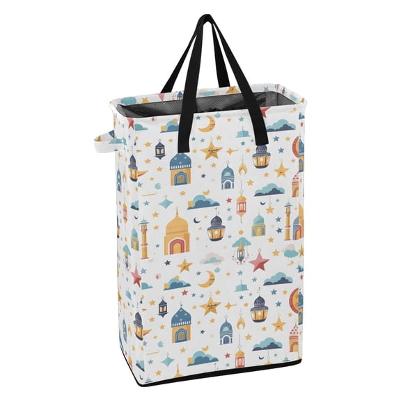 WEIYEKO Collapsible Laundry Basket 48L Waterproof Clothes Hamper Reinforced Handles Drawstring Mesh Cover, Lantern Star Tower Moon