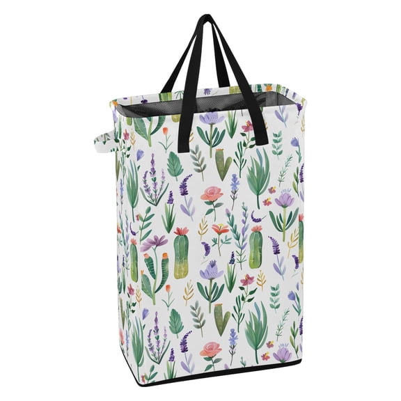 WEIYEKO Collapsible Laundry Basket 48L Waterproof Clothes Hamper Reinforced Handles Drawstring Mesh Cover, Lavender Leaves Cactus
