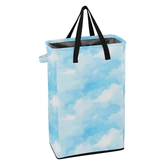 WEIYEKO Collapsible Laundry Basket 48L Waterproof Clothes Hamper Reinforced Handles Drawstring Mesh Cover, Light Blue Watercolor Cloud