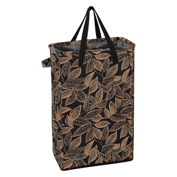WEIYEKO Collapsible Laundry Basket 48L Waterproof Clothes Hamper Reinforced Handles Drawstring Mesh Cover, Line Copper Leaves