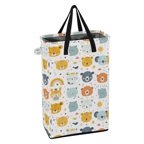 WEIYEKO Collapsible Laundry Basket 48L Waterproof Clothes Hamper Reinforced Handles Drawstring Mesh Cover, Lion Cat Bear Face