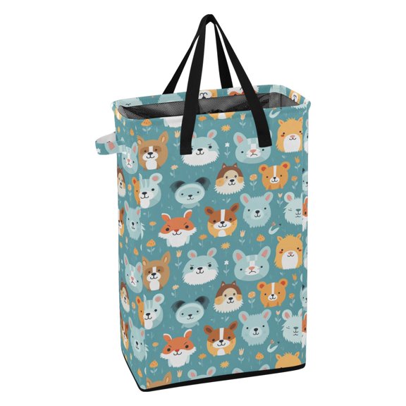 WEIYEKO Collapsible Laundry Basket 48L Waterproof Clothes Hamper Reinforced Handles Drawstring Mesh Cover, Lion Dog Bear Rabbit Face