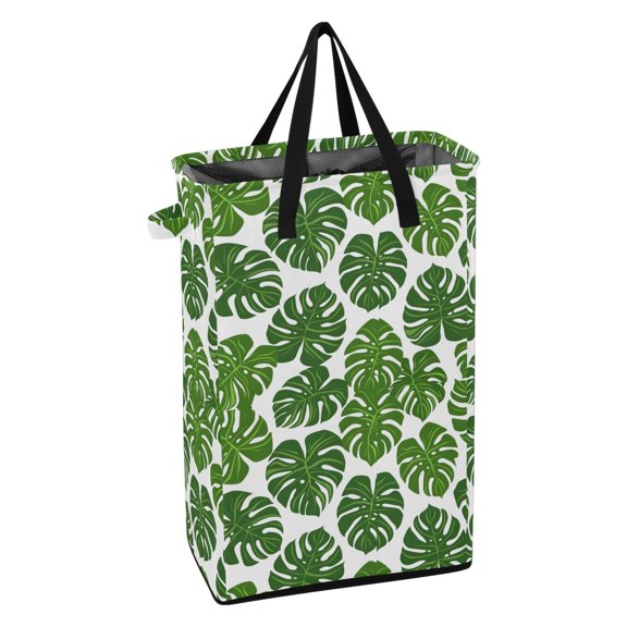 WEIYEKO Collapsible Laundry Basket 48L Waterproof Clothes Hamper Reinforced Handles Drawstring Mesh Cover, Monstera Leaf