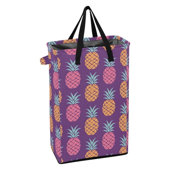 WEIYEKO Collapsible Laundry Basket 48L Waterproof Clothes Hamper Reinforced Handles Drawstring Mesh Cover, Pineapple Silhouette
