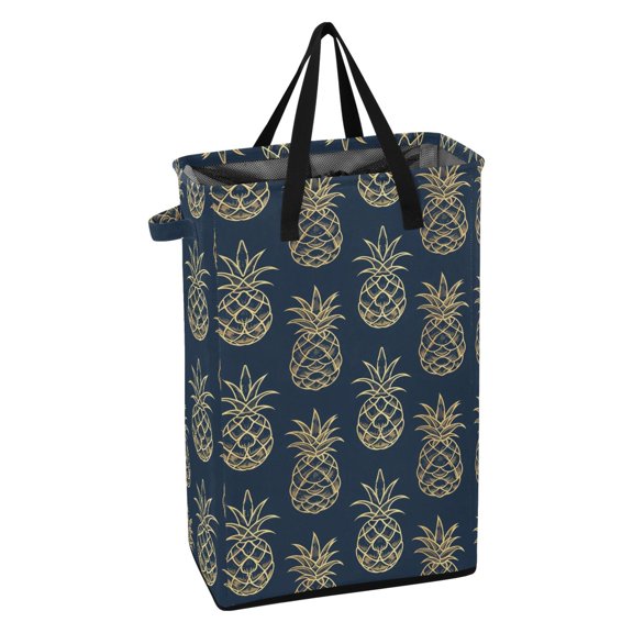 WEIYEKO Collapsible Laundry Basket 48L Waterproof Clothes Hamper Reinforced Handles Drawstring Mesh Cover, Pineapples Outline