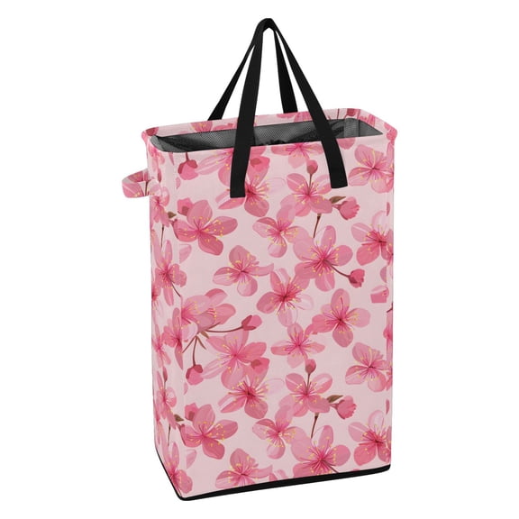 WEIYEKO Collapsible Laundry Basket 48L Waterproof Clothes Hamper Reinforced Handles Drawstring Mesh Cover, Pink Cherry Blossoms