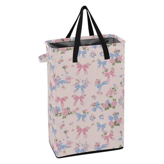 WEIYEKO Collapsible Laundry Basket 48L Waterproof Clothes Hamper Reinforced Handles Drawstring Mesh Cover, Pink Rose and Bow