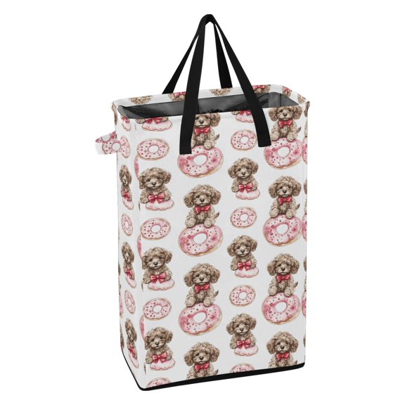 WEIYEKO Collapsible Laundry Basket 48L Waterproof Clothes Hamper Reinforced Handles Drawstring Mesh Cover, Puppies Bow Donut