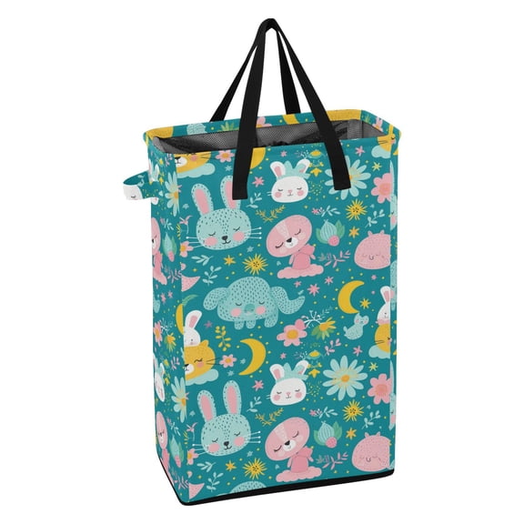 WEIYEKO Collapsible Laundry Basket 48L Waterproof Clothes Hamper Reinforced Handles Drawstring Mesh Cover, Rabbit Whale Elephant Moon Flower