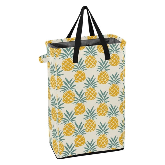 WEIYEKO Collapsible Laundry Basket 48L Waterproof Clothes Hamper Reinforced Handles Drawstring Mesh Cover, Retro Pineapples