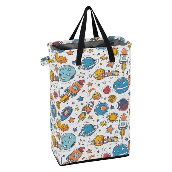 WEIYEKO Collapsible Laundry Basket 48L Waterproof Clothes Hamper Reinforced Handles Drawstring Mesh Cover, Rocket Planet Star Sun