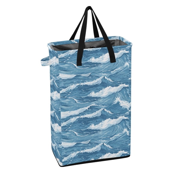 WEIYEKO Collapsible Laundry Basket 48L Waterproof Clothes Hamper Reinforced Handles Drawstring Mesh Cover, Rough Waters