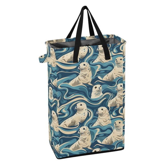 WEIYEKO Collapsible Laundry Basket 48L Waterproof Clothes Hamper Reinforced Handles Drawstring Mesh Cover, Sea Lion in Sea