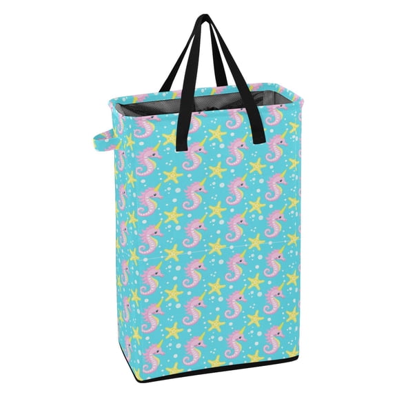WEIYEKO Collapsible Laundry Basket 48L Waterproof Clothes Hamper Reinforced Handles Drawstring Mesh Cover, Seahorse and Starfish