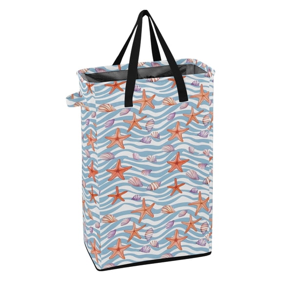 WEIYEKO Collapsible Laundry Basket 48L Waterproof Clothes Hamper Reinforced Handles Drawstring Mesh Cover, Shells Starfish on Wave