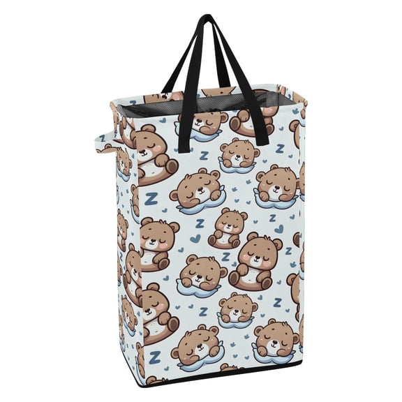 WEIYEKO Collapsible Laundry Basket 48L Waterproof Clothes Hamper Reinforced Handles Drawstring Mesh Cover, Sleeping Cute Bear