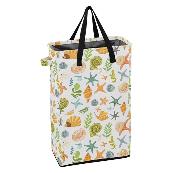 WEIYEKO Collapsible Laundry Basket 48L Waterproof Clothes Hamper Reinforced Handles Drawstring Mesh Cover, Starfish Seaweed Shells