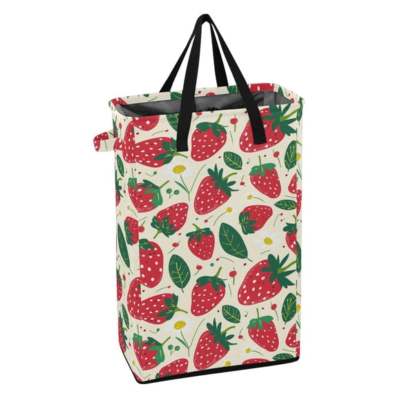 WEIYEKO Collapsible Laundry Basket 48L Waterproof Clothes Hamper Reinforced Handles Drawstring Mesh Cover, Strawberries Fruit and Leaf