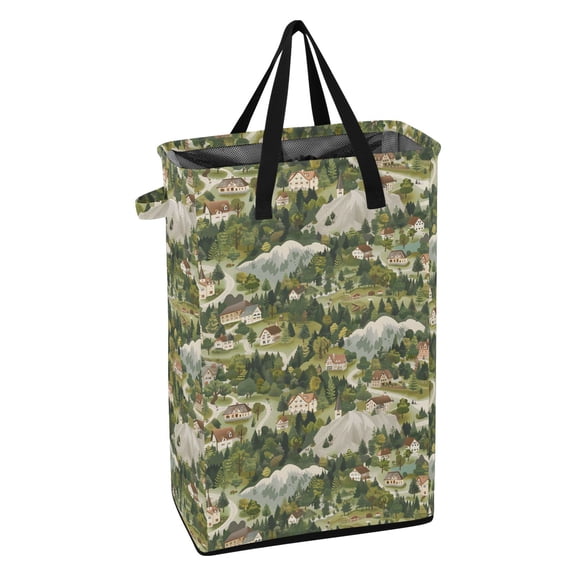 WEIYEKO Collapsible Laundry Basket 48L Waterproof Clothes Hamper Reinforced Handles Drawstring Mesh Cover, Town Mountains Forests