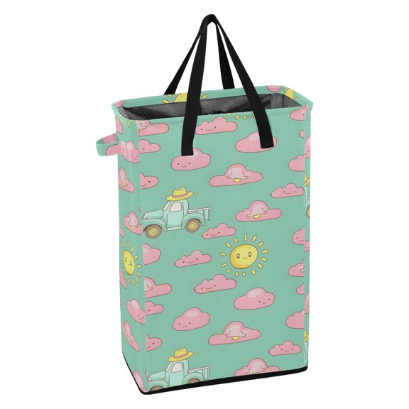 WEIYEKO Collapsible Laundry Basket 48L Waterproof Clothes Hamper Reinforced Handles Drawstring Mesh Cover, Truck and Pink Cloud