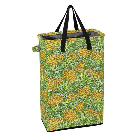 WEIYEKO Collapsible Laundry Basket 48L Waterproof Clothes Hamper Reinforced Handles Drawstring Mesh Cover, Vibrant Fresh Pineapple