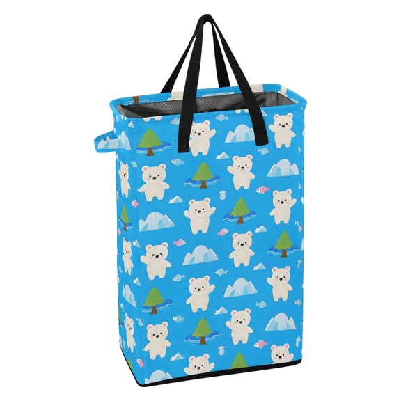 WEIYEKO Collapsible Laundry Basket 48L Waterproof Clothes Hamper Reinforced Handles Drawstring Mesh Cover, White Bear Mountain Tree Fish