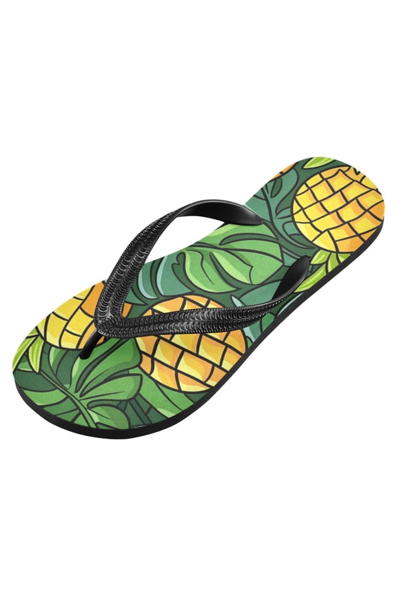 Unisex Flip Flops for Men Women Non-Slip Comfortable Lightweight Beach Thong Sandals, Cartoon Pineapple and Tropical Leaves