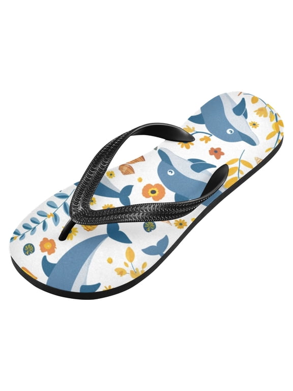 Unisex Flip Flops for Men Women Non-Slip Comfortable Lightweight Beach Thong Sandals, Dolphin Sunflower Shell Leaf